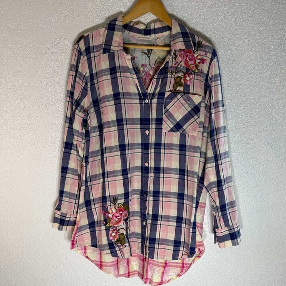 Soft Surroundings Plaid and Floral Embroidered Boho Button Down Shirt Large